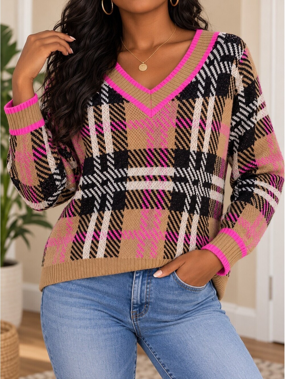 Trendy Threads Size S Brown Black Pink Plaid V-Neck Knit Sweater Long Sleeve